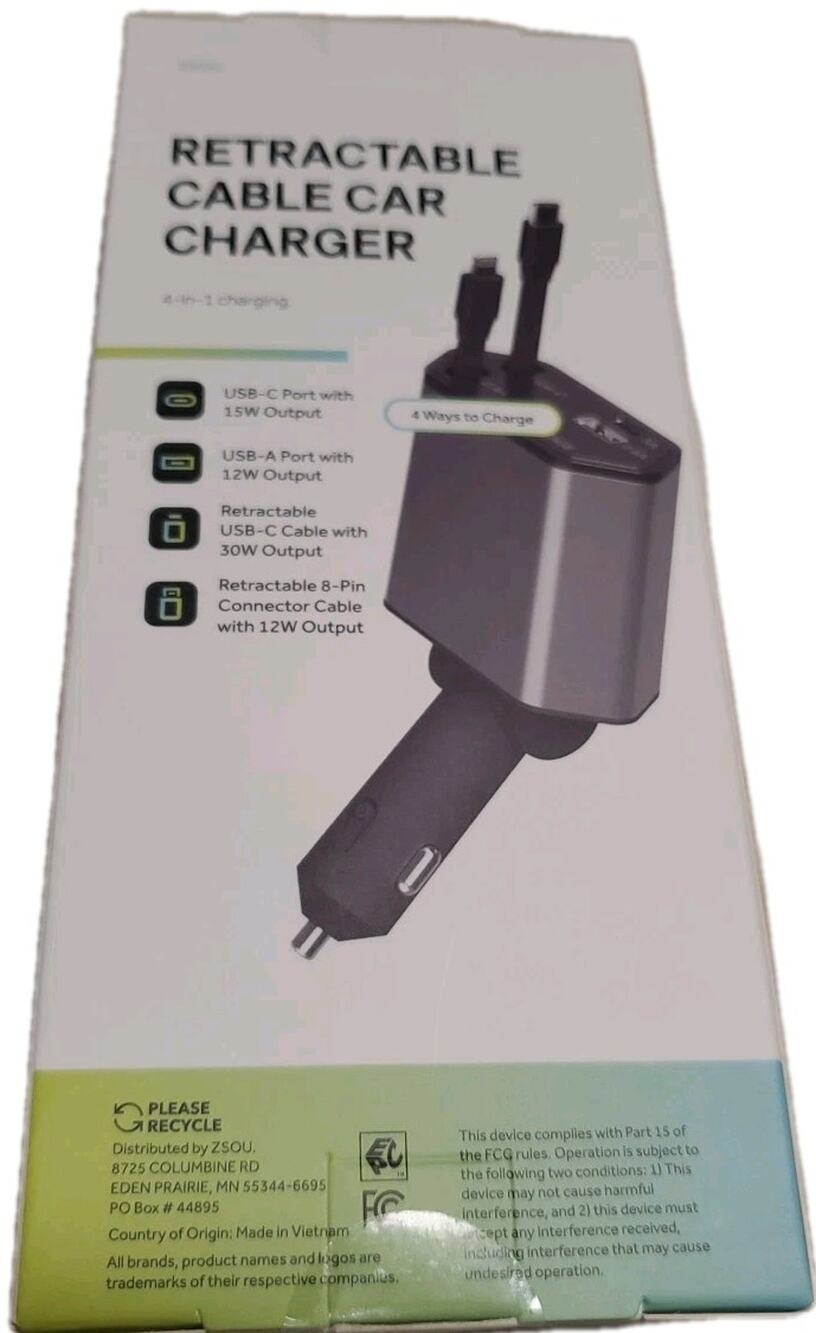 Retractable cable car charger 4-in-1 New Open Box